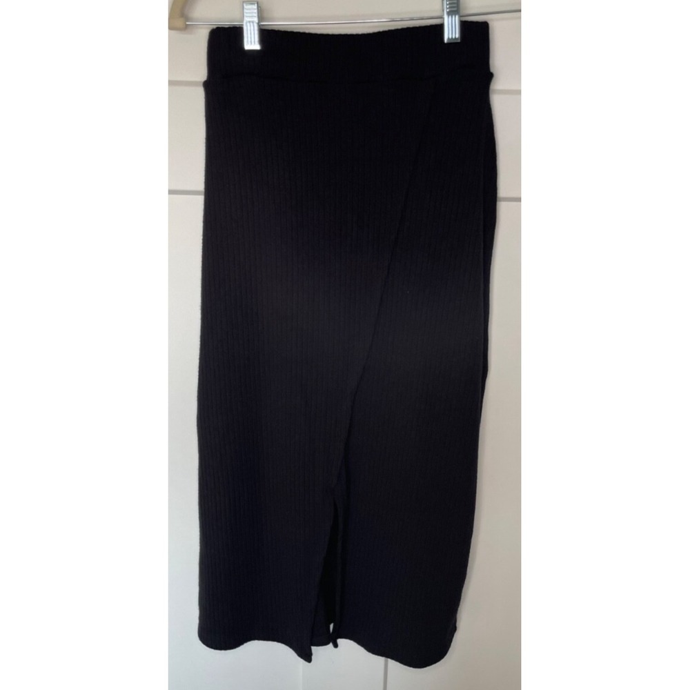 Downeast Ribbed Knit Midi Skirt Women Size S Black Wrap Front Slit Elastic Waist